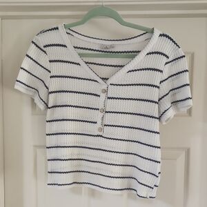 White and Blue Cropped Button Down Shirt